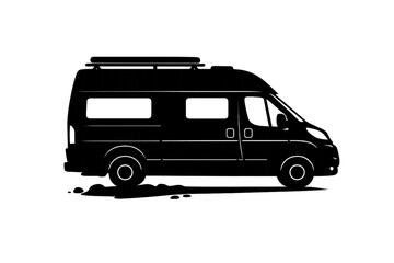 Modern Camper Van Silhouette Side View - Vector Illustration of Customized RV or Cargo Delivery Vehicle with Roof Rack for Adventure Travel and Road Trip Lifestyle Icon © MinhajulIslam