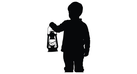 A dark silhouette of a child holding an antique lantern standing upright against a stark white background illustrating a nostalgic scene © Pvect02