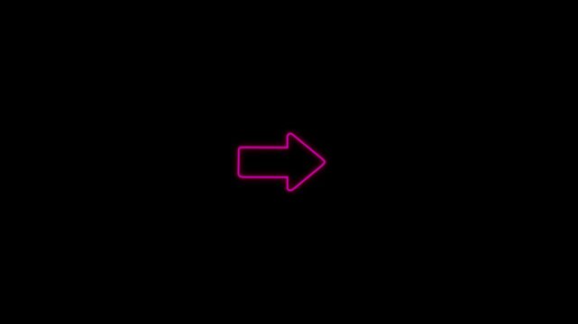 A glowing arrow icon pointing graphic animation on a black background. Minimal outline arrow symbol with bright light effect looping direction concept animated in transparent background.