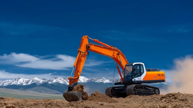 282Heavy excavator in mid-operation on an active construction site, golden earth and gravel in foreground, clear blue sky providing negative space, wide banner layout suitable for cor