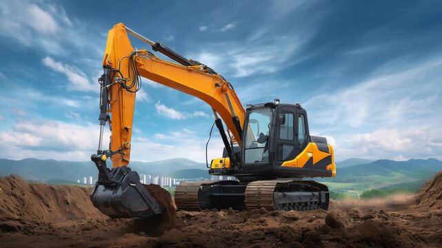 283Modern excavator at a building site, articulated arm extended, bright sunny sky above, wide panoramic layout, upper portion reserved for copy or marketing text, cinematic industria