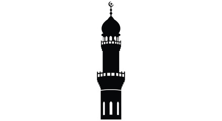A detailed black silhouette depicts a traditional islamic mosque minaret with a crescent moon and star atop a tall slender structure © Pvect02