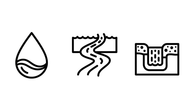 Simple Black Outline Icons Depicting Water Drop, River Flow, and Underground Filtration Concepts