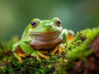 Naklejka premium Green tree frog sitting on lush moss with a blurred natural background showcasing its glistening skin and detailed eyes in a peaceful forest setting