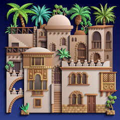 Colorful 3D illustration of a dense Middle Eastern city with domes, arches, towers, and lush plants, forming an ornate fantasy architectural composition on a dark background