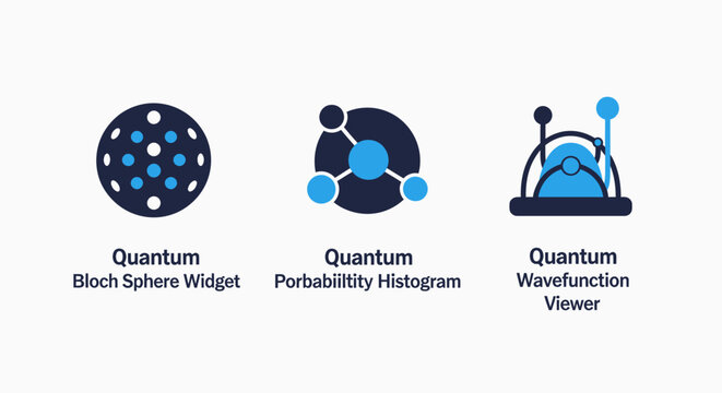 Advanced Quantum Computing Vector Icons: Bloch Sphere Widget, Probability Histogram, and Wavefunction Viewer, Representing Quantum Physics and Next-Gen Technology.