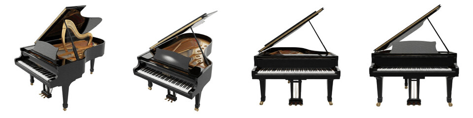 Grand Piano Musical Instrument Set Isolated on White Background PNG, Classic Black Luxury Concert Pianos with Open Lid Collection, Professional Keyboard Elements. © Juumagiti