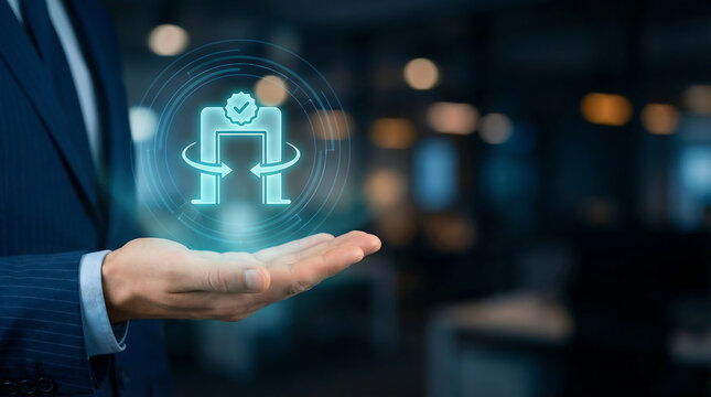 Businessman Hand Holding Holographic Return Exchange Icon with Checkmark Badge Symbolizing Customer Service Product Replacement and Warranty