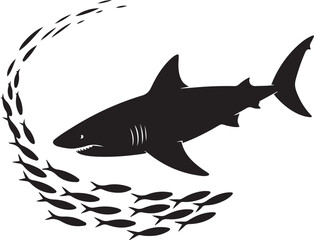 Fototapeta premium Shark hunting small fish in ocean, marine predator with prey school, underwater scene