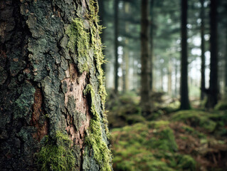 Obraz premium Close-up of tree bark covered with green moss with blurred dense forest background creating a peaceful and natural woodland atmosphere