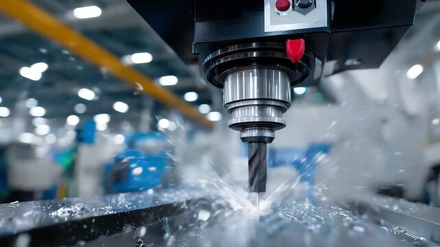 301High-resolution close-up of CNC milling operation, solid ball endmill spinning over plastic workpiece, fine chips scattered, tool reflecting overhead lights, background softly blur