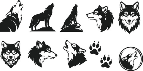Wolf vector illustration set, black and white wolf silhouettes, howling wolf designs, wolf head profiles, paw prints, wildlife emblem artwork © Rekha