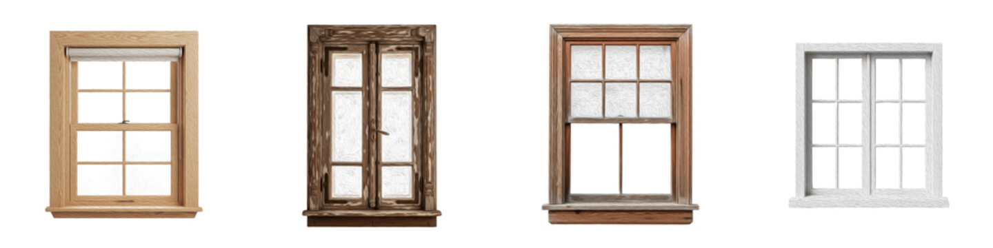 Wooden Window Frames and Glass Panes Set Isolated on White Background PNG, Classic Timber Double Hung and Casement Windows Collection, Residential Home Construction.
