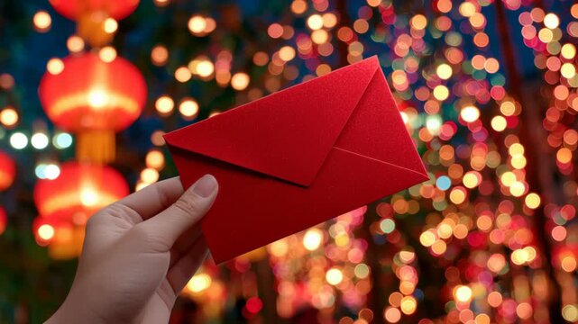 Red envelope held by feminine hand with colorful bokeh light and lanterns background, 4k video.