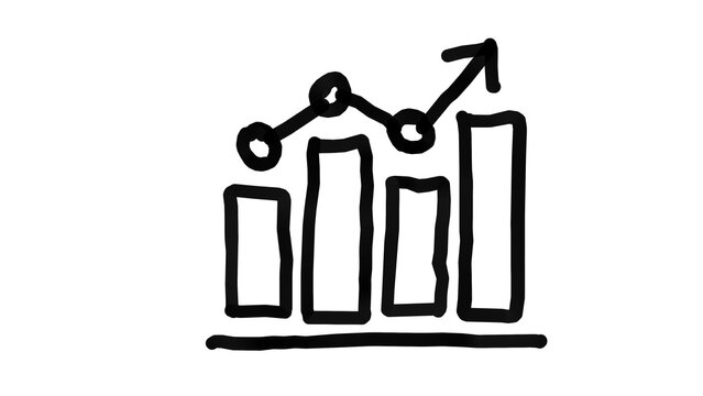 Minimalist hand drawn black outline bar chart and line graph with upward growth arrow on alpha transparent background.