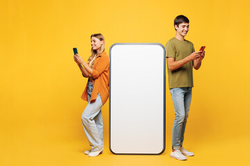 Full body happy young couple two friend family man woman wear casual clothes together big huge...