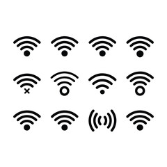 Set of futuristic black and white Wi-Fi icons, representing wireless technology and connectivity