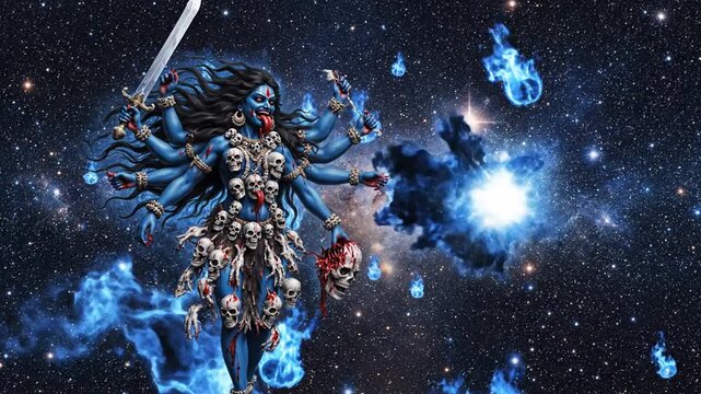 Kali goddess illustration in cosmic space with stars and nebula