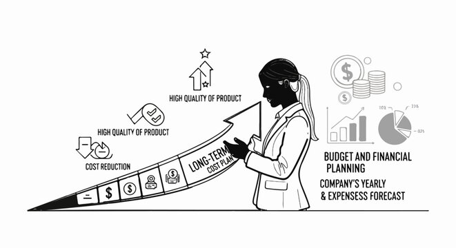 Business woman with a long-term cost plan arrow and financial charts