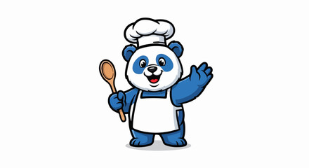 Fototapeta premium Cheerful blue panda bear in chef attire holding a wooden spoon