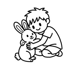 Fototapeta premium Boy hugging bunny coloring page, kids line art, printable coloring sheet, preschool activity