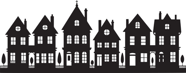 Obraz premium Urban street scene with row of Victorian houses and trees