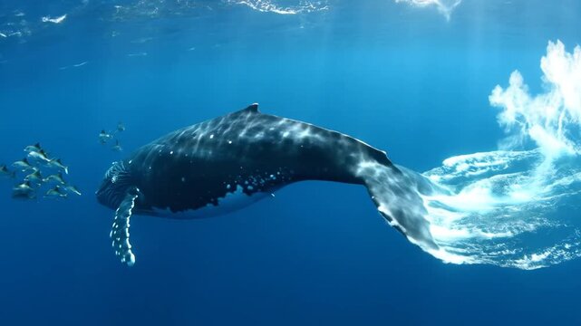 Humpback whale swimming with pilot fish in blue ocean