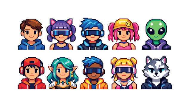 Gaming avatar pixel art icon set. Retro, characters, digital faces in pixel style.