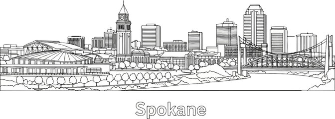 Fototapeta premium Cityscape line drawing featuring a clock tower, modern buildings, and a suspension bridge