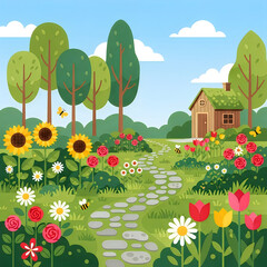 Fototapeta premium Vibrant and Enchanting Summer Garden with a Winding Stone Path Leading to a Cozy Wooden House Amidst Blossoming Flowers and Lush Green Trees