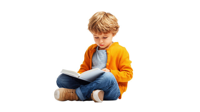 Young boy sitting cross-legged reading a book isolated on white background for education.

