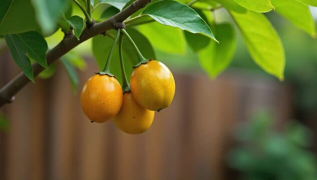 A backyard pequi tree with ripe fruits hanging low near a wooden fence 