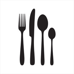 Collection of black forks knives and spoons silhouettes Vector illustration. Spoon, knife, fork icons set