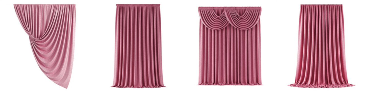 Dusty Rose Curtains and Drapes Set Isolated on White Background PNG, Elegant Pink Velvet Window Treatments with Valance and Swag, Luxury Interior Decor Elements.