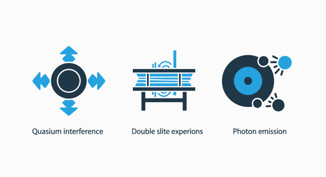 Abstract Blue Icons Depicting Quantum Physics Concepts: Quasium Interference, Double-Slit Experiment, and Photon Emission