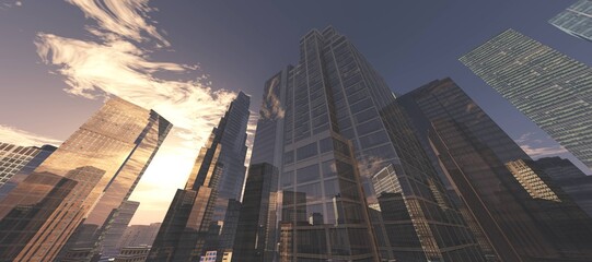 Skyscrapers, high-rise buildings from below against the background of the sky, cityscape, panorama of skyscrapers, 3D rendering © ustas