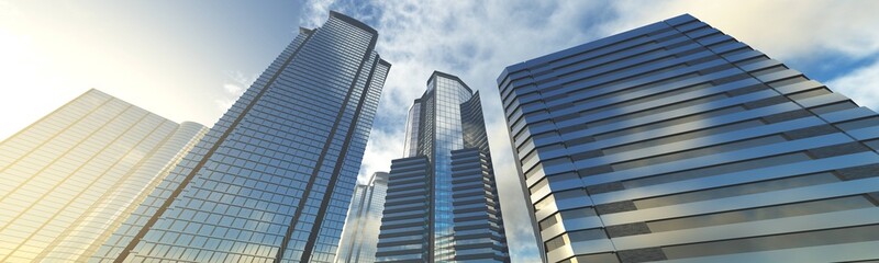 Skyscrapers, high-rise buildings from below against the background of the sky, cityscape, panorama of skyscrapers, 3D rendering © ustas