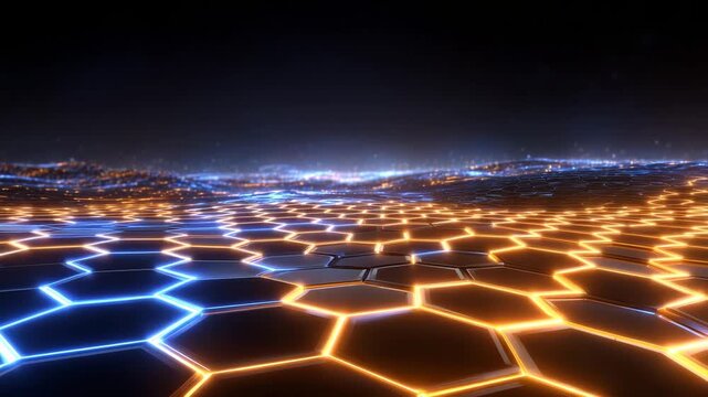 Abstract 3D hexagon landscape in deep black tones, illuminated by alternating electric blue and vibrant orange light sources, varying tile elevations forming waves across the surfa