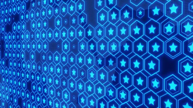 Abstract Futuristic Background Featuring A Grid Of Glowing Blue Hexagons Each Containing A Bright Star, Set Against A Dark Digital Landscape With Neon Lighting And An Angled Perspective For A High Tec