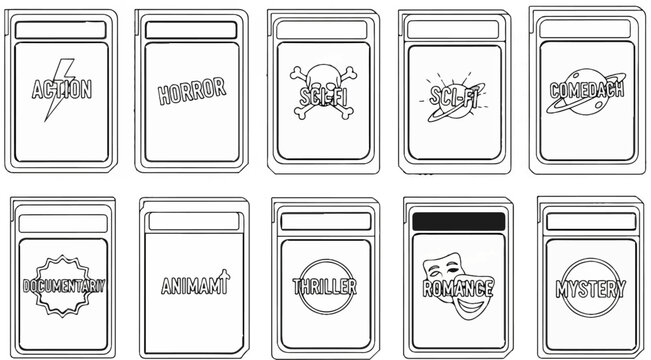 Collection of stylized movie genre cards with cartoonish imagery