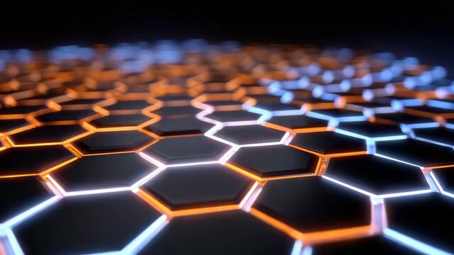 Abstract 3D honeycomb background composed of matte black hexagons interspersed with luminous blue and vibrant orange cells, varying tile heights creating dimensional relief, soft a