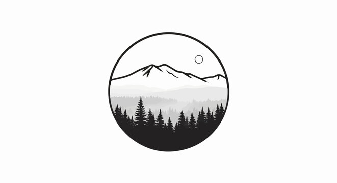 Circular mountain and forest scene with a sun or moon