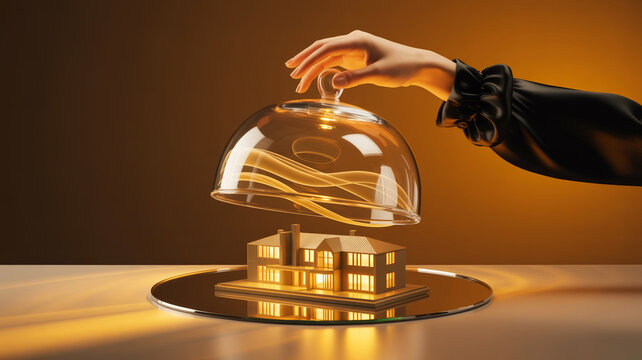 Hand in black sleeve with lace cuff lifts glass cloche, revealing a miniature golden house on dark tray. Warm orange-yellow background, subtle mist, conceptual photo symbolizing real estate investment