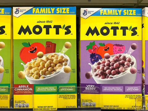 Alameda, CA - Feb 2, 2026: Grocery store shelf with boxes of General Mills brand cereal Mott's, Apple Cinnamon and Very Berry flavors.