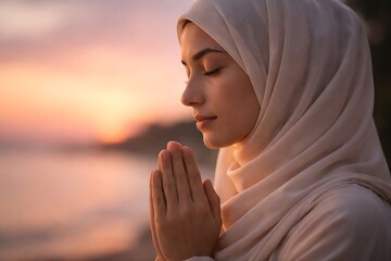 Serene Muslim Woman Praying at Golden Hour Sunset