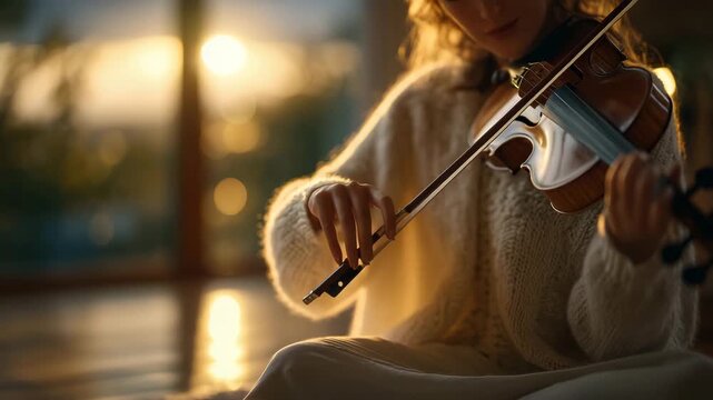 Woman playing a violin indoors, warm sunlight streaming through a window, close-up on her hands and instrument, wooden floor reflecting soft light, serene and focused atmosphere, u