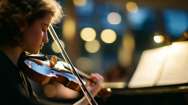 Woman playing violin indoors near a piano, warm studio lighting creating soft reflections on polished wood, blurred background with sheet music, artistic and professional atmospher