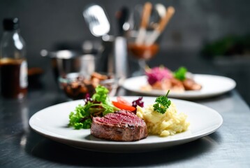 Culinary Composition: A beautifully plated dish of seared steak, accompanied by creamy mashed potatoes, fresh greens, and tantalizing side dishes, a culinary masterpiece.