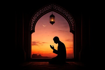 Muslim Man Praying at Sunset in an Ornate Archway with Crescent Moon and Lantern