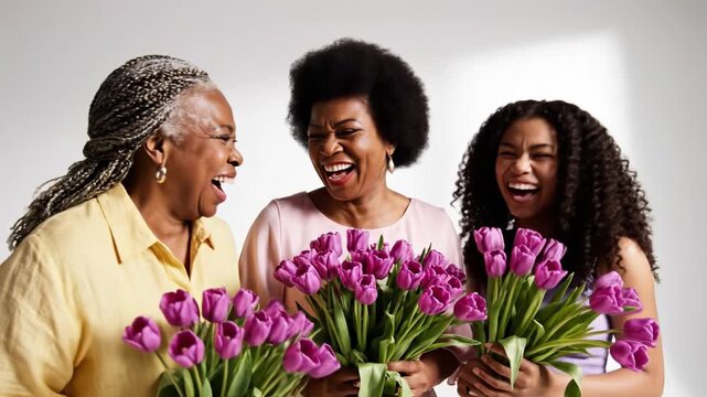 Three generations of African American women laughing while holding bouquets of purple tulips. This scene celebrates family bonds for International Women's Day. Ideal for social media or cards.
